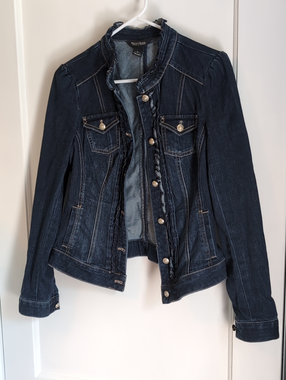 White House Black Market Indigo Ruffled Denim Jacket